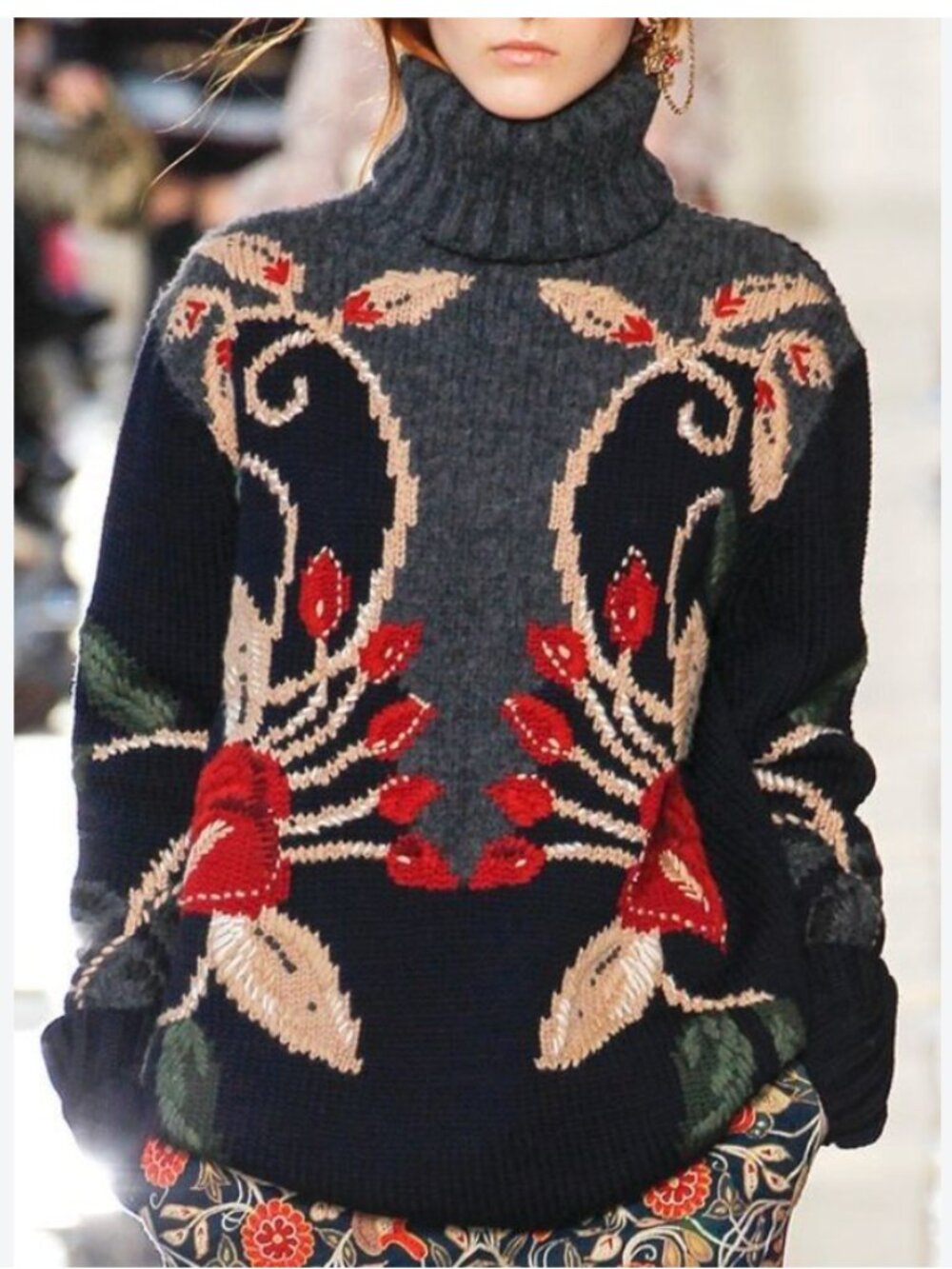 Tory Burch Floral Embroidered Knit Turtleneck Sweater Wool XS